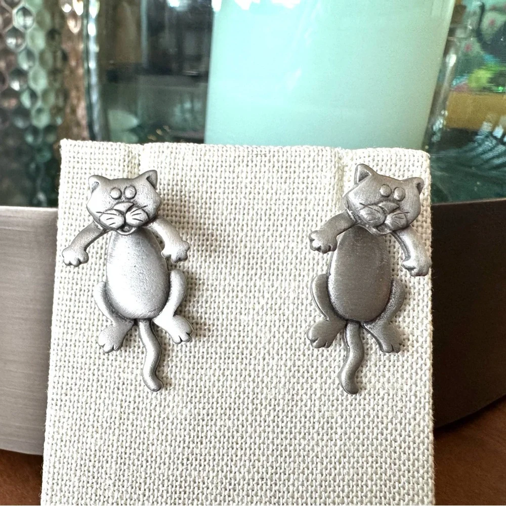 Silver Pewter Cat Earrings - Picture 7 of 11